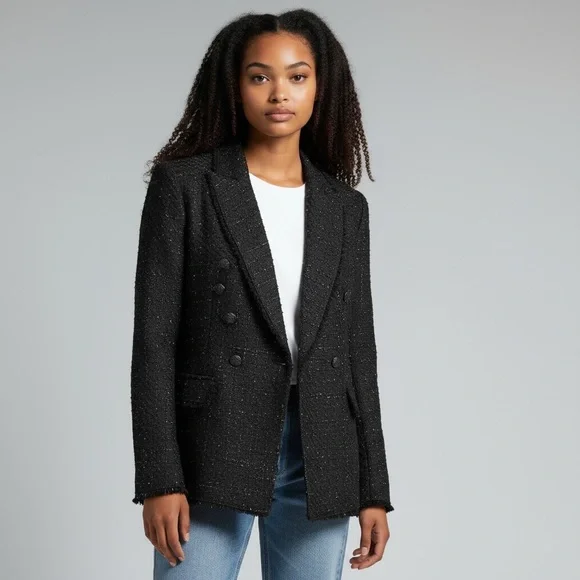 White House Black Market Black Metallic Tweed Double-Breasted Blazer NWT Size 14